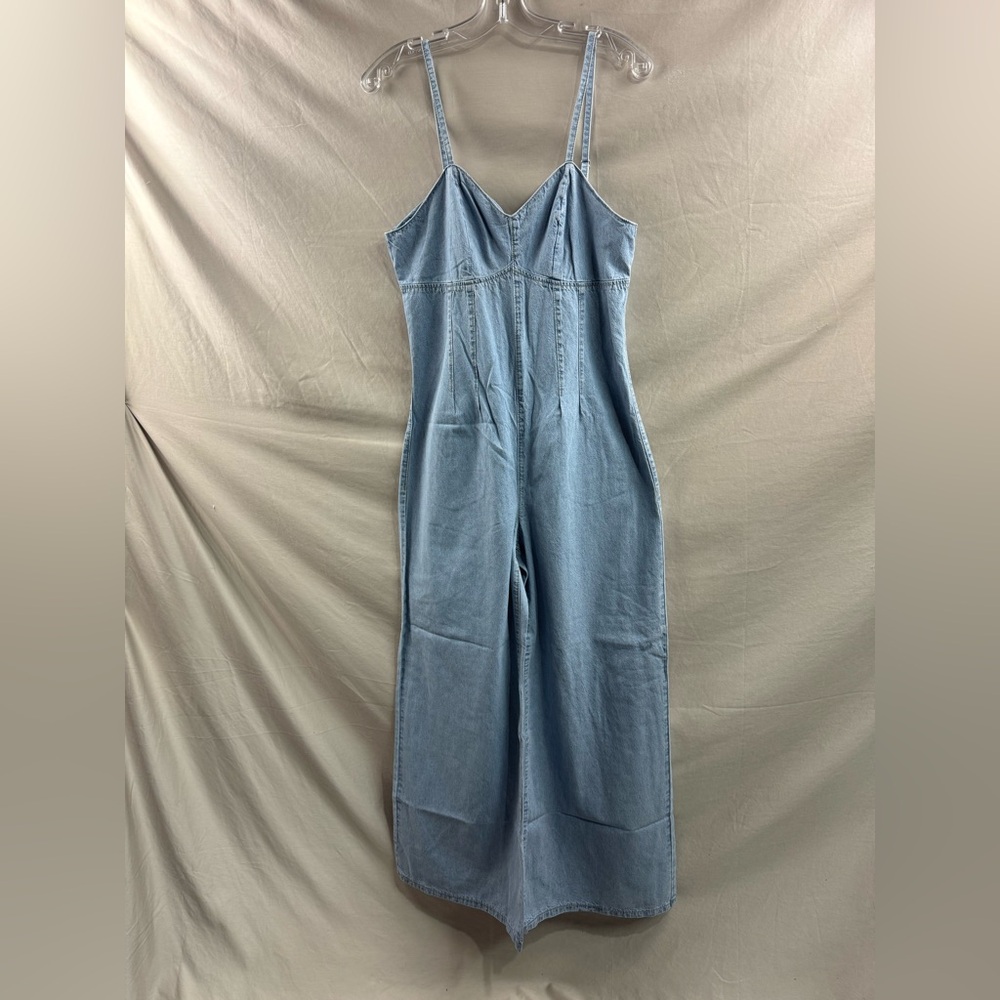 Light Wash Denim Jumpsuit Wide Leg Corset Bodice Sweetheart Neck - Picture 10 of 11